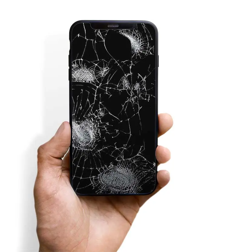 Hand hält Handy mit zerbrochenem Frontdisplay