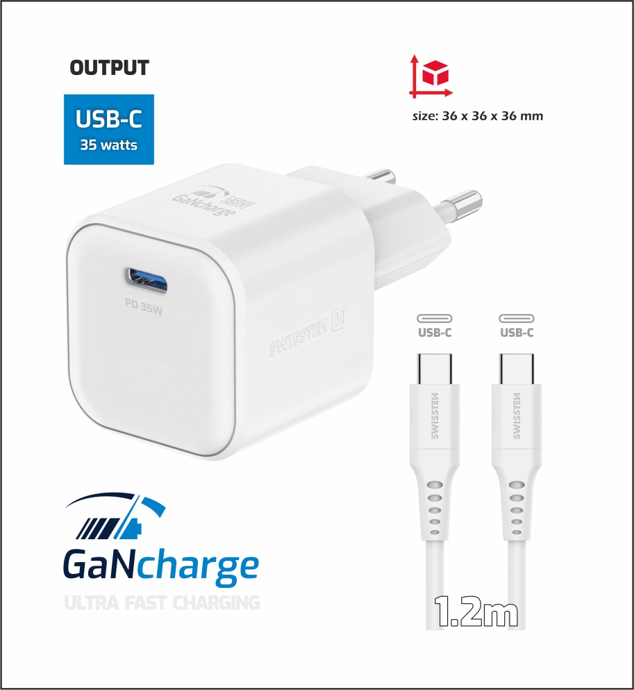 SWISSTEN GaN 1x USB-C 35W Stromversorgung + USB-C/USB-C Datenkabel 1,2 m – Bild 2