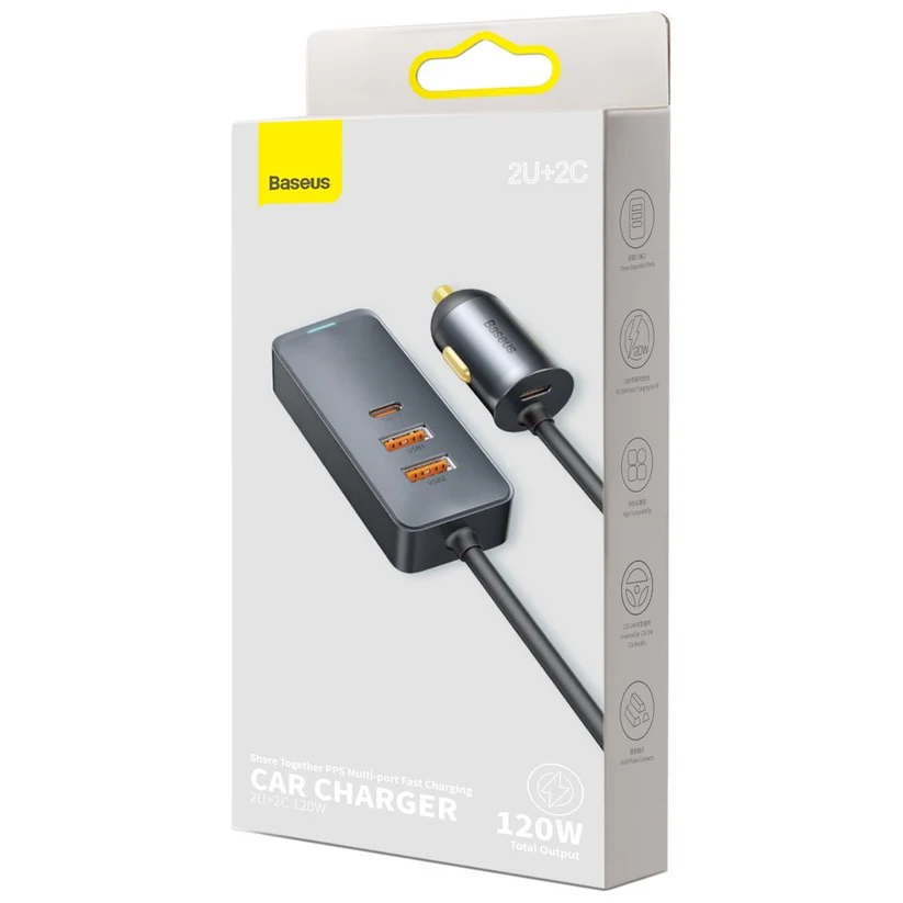Baseus Share Together Autoladegerät, 120W, 3A, 2 x USB-A - 2 x USB-C, Grau CCBT-A0G – Bild 5